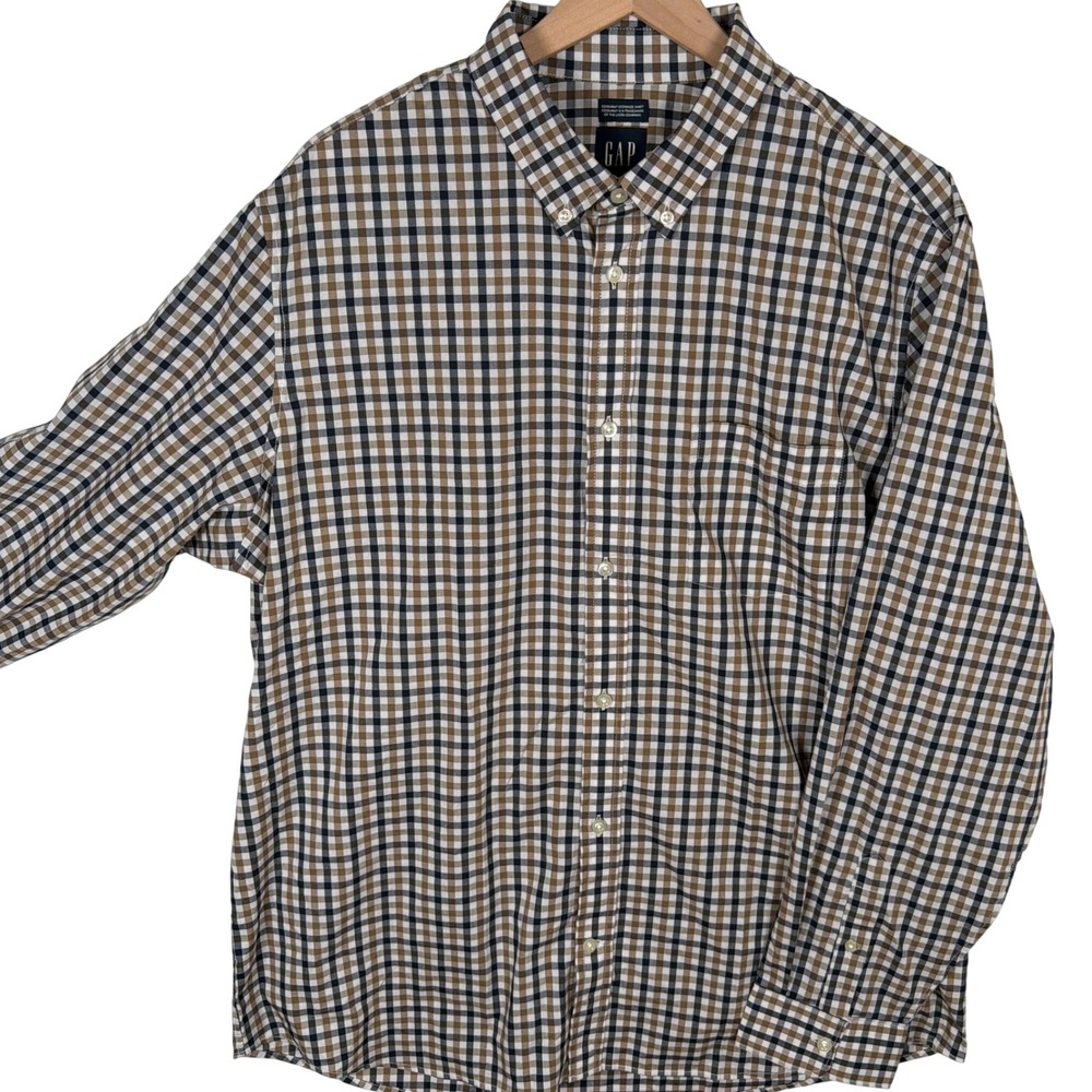 Gap Coolmax EcoMade Button Down Shirt Mens XL Brown Navy Gingham Check Stretch